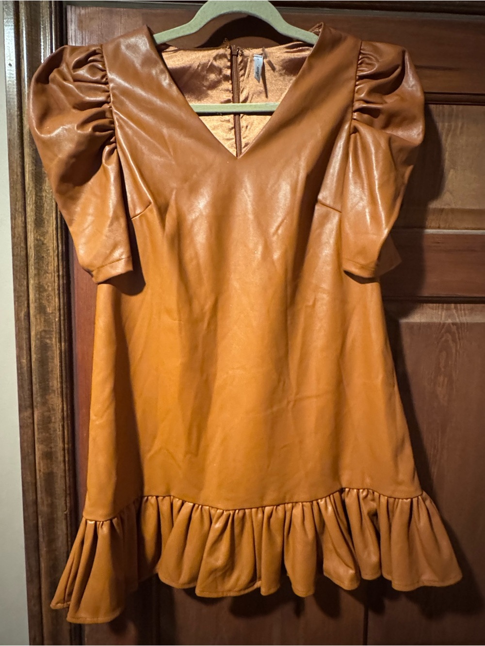 glam Tan Puff-Sleeve Faux Leather Mini Dress with Flounced Hem